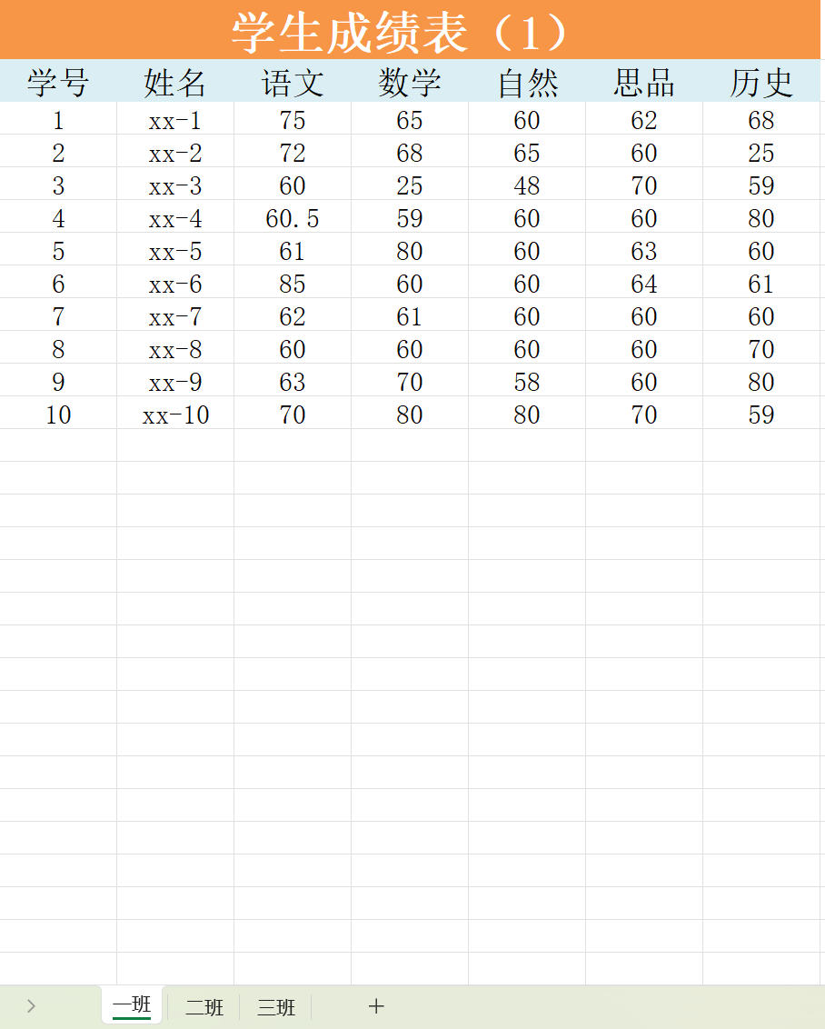 橙色简约班级学生成绩统计分析表excel模板