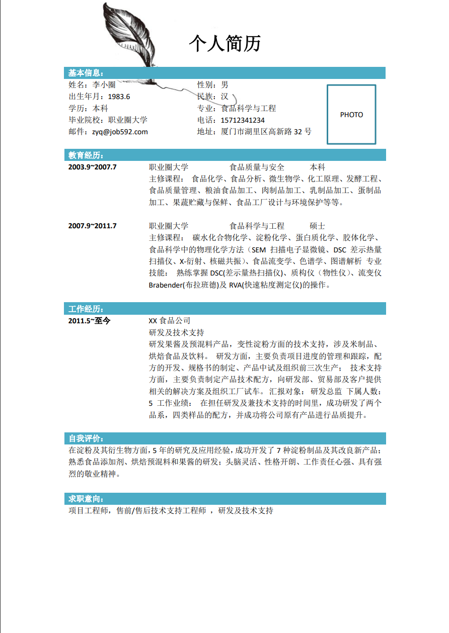 食品研究硕士应聘简历模板缩略图0