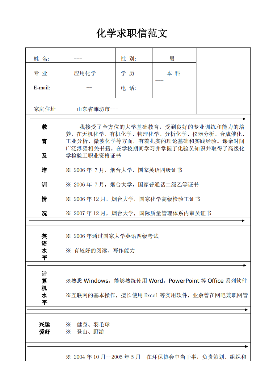 化学大学生简历表格模板缩略图0