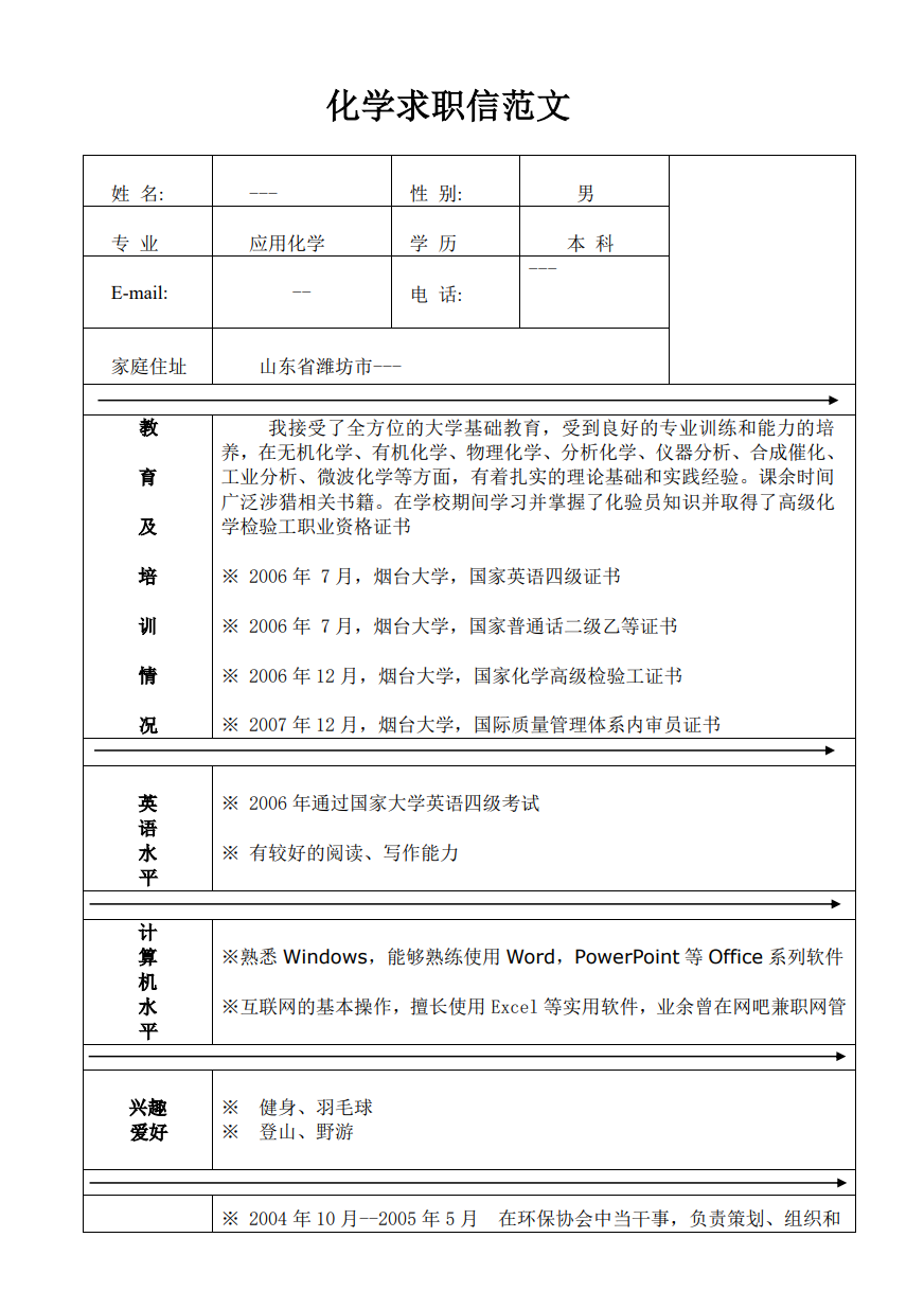 应用化学大学生简历表格模板缩略图0