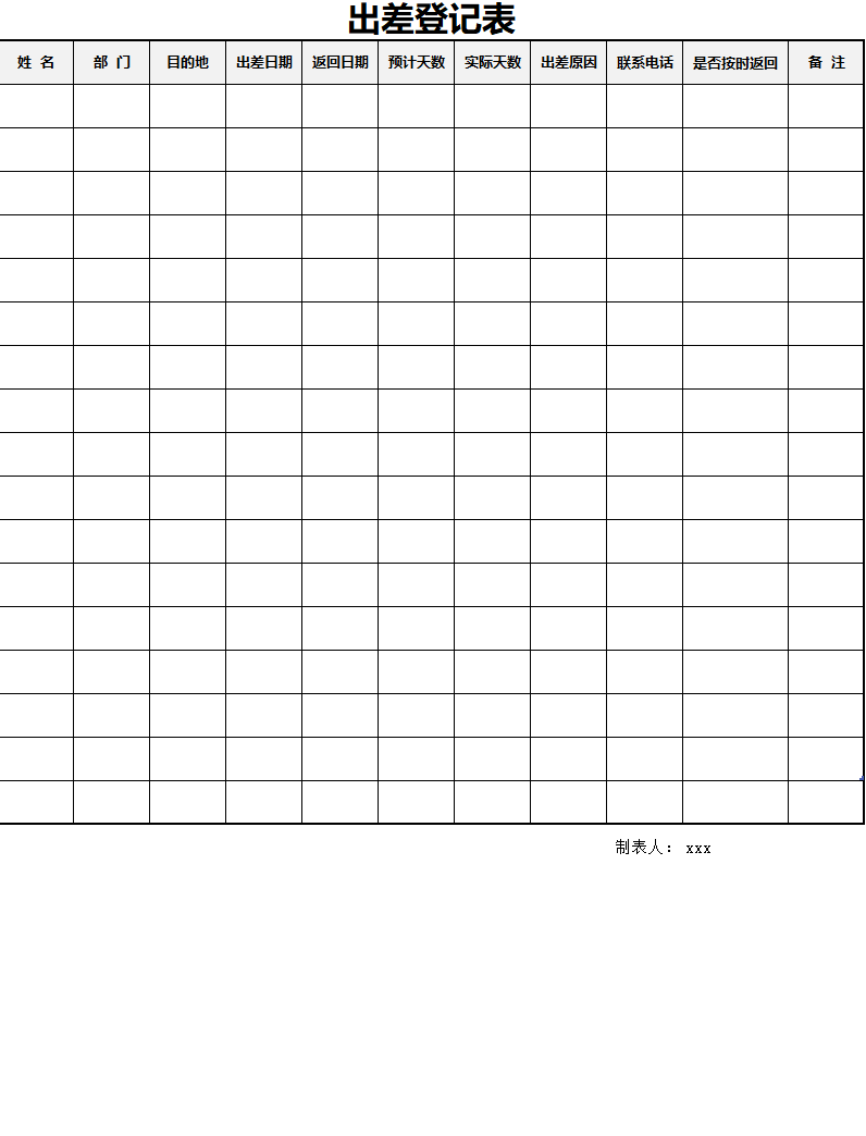出差登记统计表excel表格
