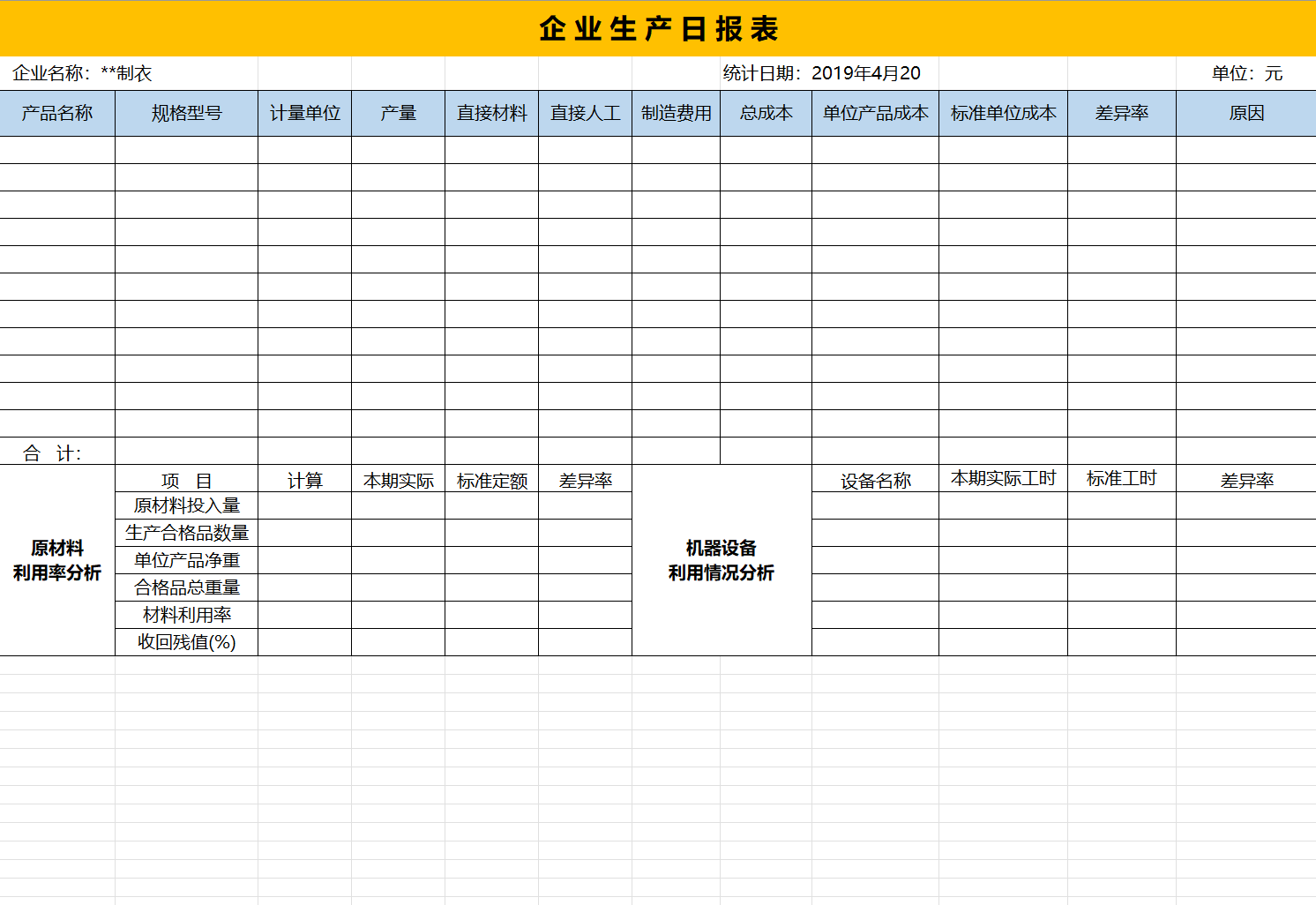 企业生产日报表Excel模板