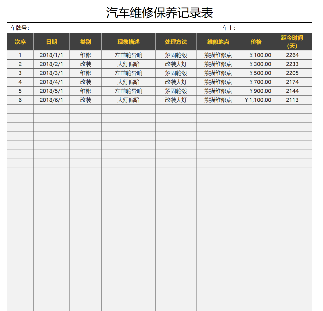 汽车维修保养登记记录表excel模板