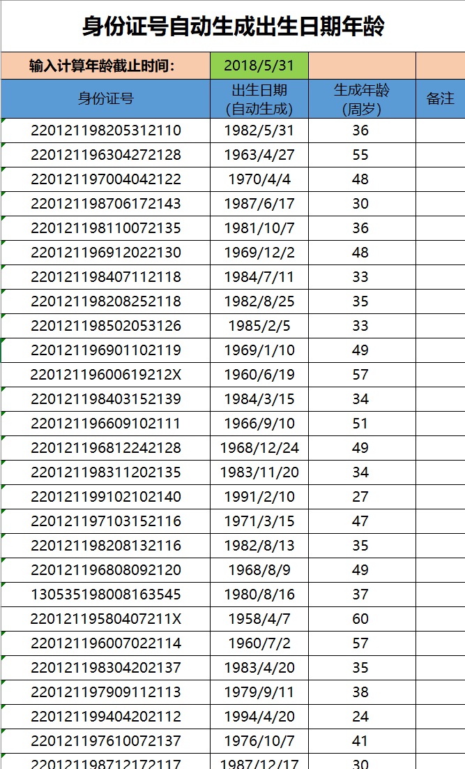 身份证号统计表格exel模板